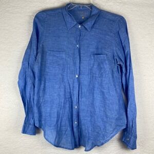 Lilly Pulitzer Women's L Blue Linen Button Down Shirt Top Long Sleeve